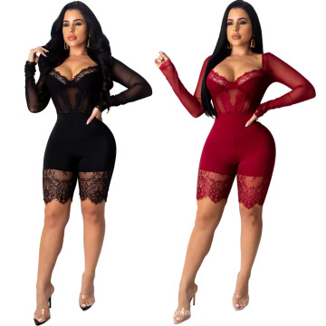 2021 Factory Wholesale Sexy Corset Transparent Spring Women Lingerie Long Sleeve Lace Bodysuit